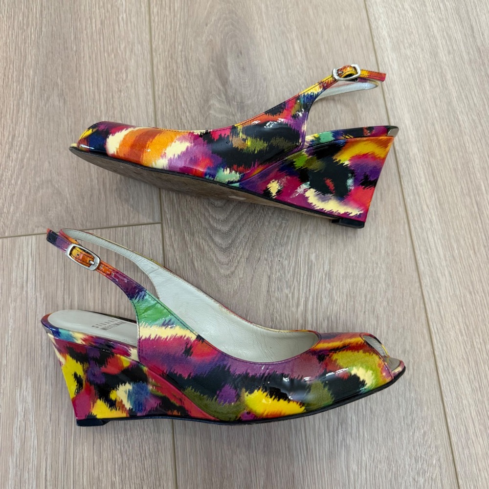RARE Stuart Weitzman Multi-Color Ikat Patent Leather Peep Toe Wedge Sandals 8M - Picture 8 of 9